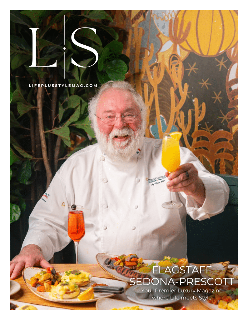 Magazine cover featuring Chef Mercer Mohr, owner of Mercer's Kitchen in Sedona, presenting a signature dish. Headlines include 'Sedona Dining Guide,' 'Flagstaff Foodie Secrets,' and 'Best Restaurants in Northern Arizona". The premier luxury magazine for Flagstaff, Sedona, and Prescott restaurants and lifestyle. lifeplustyle magazine.