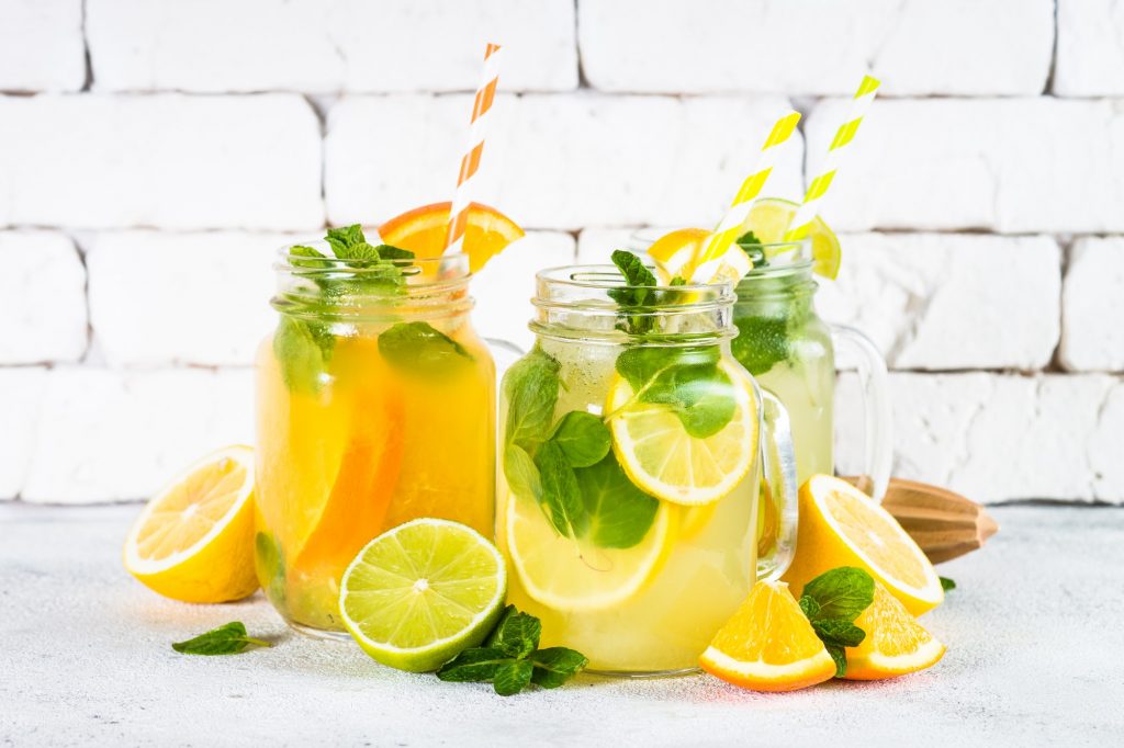 Lemonade, mojito and orange lemonade