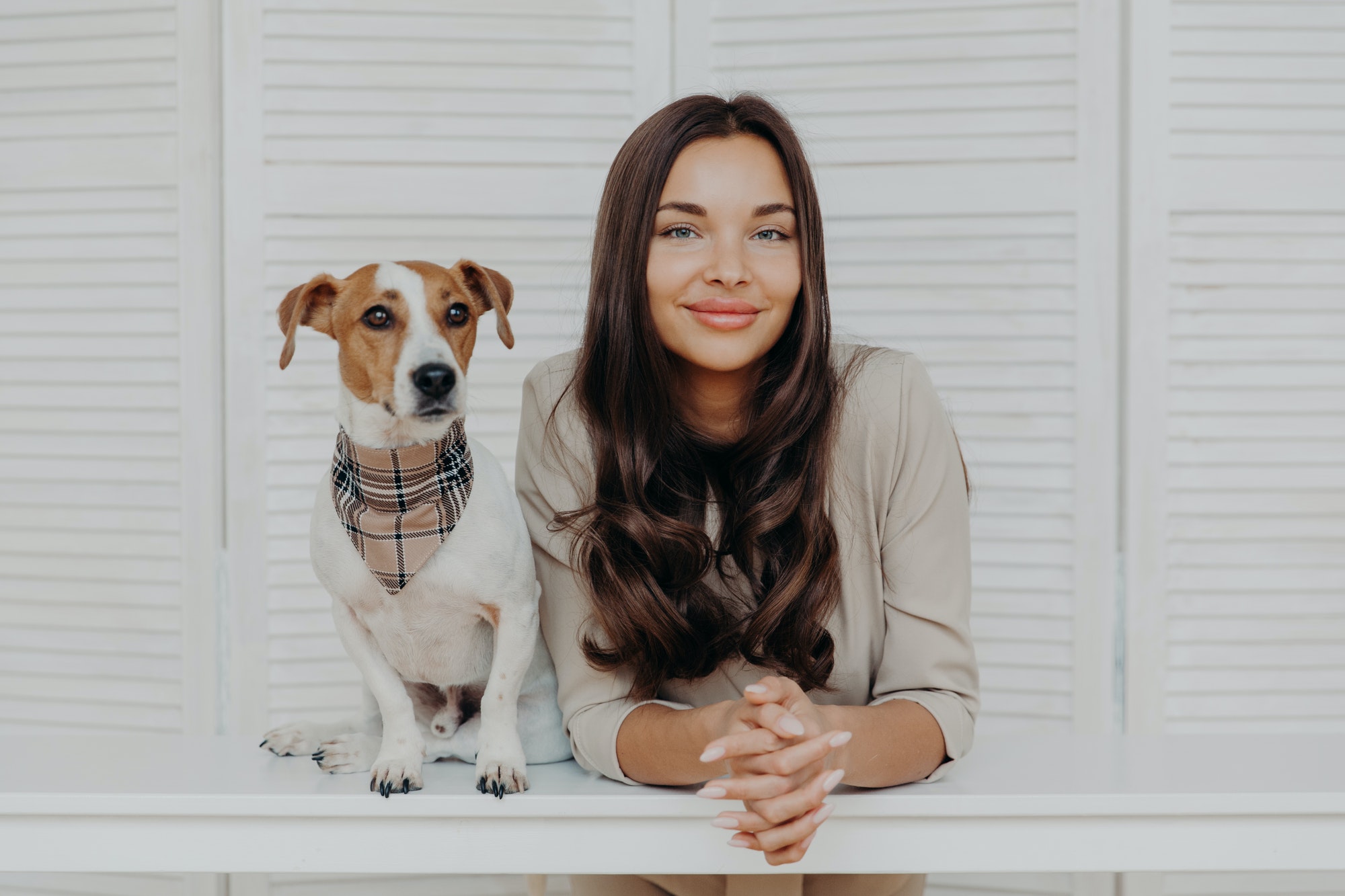 Woman spends leisure time with dog, loves animals, have friendly relationship with pet